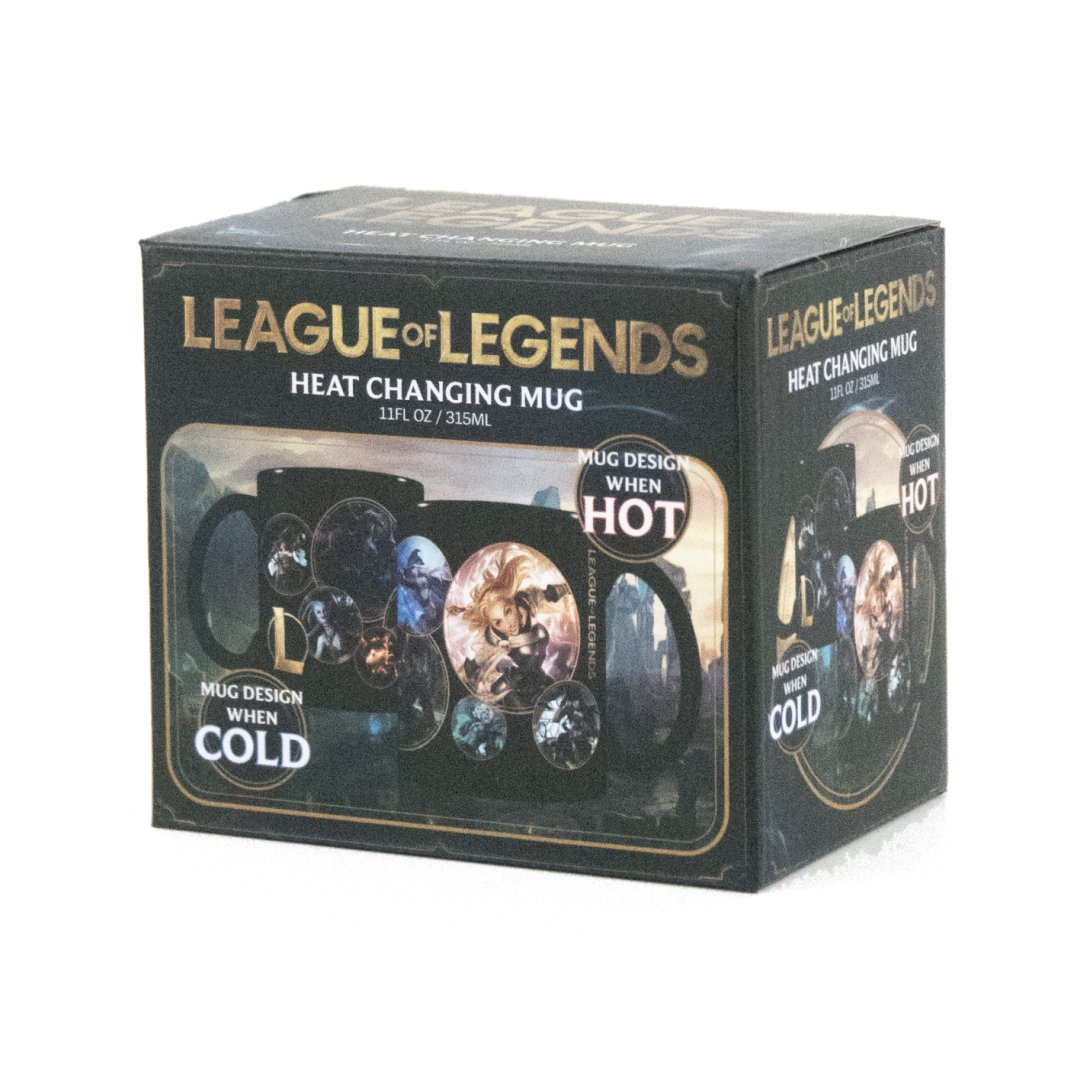 Pudełko kubka zmieniającego pod wpływem ciepła League of Legends ze sztuką postaci i tekstem o gorących/zimnych wzorach.