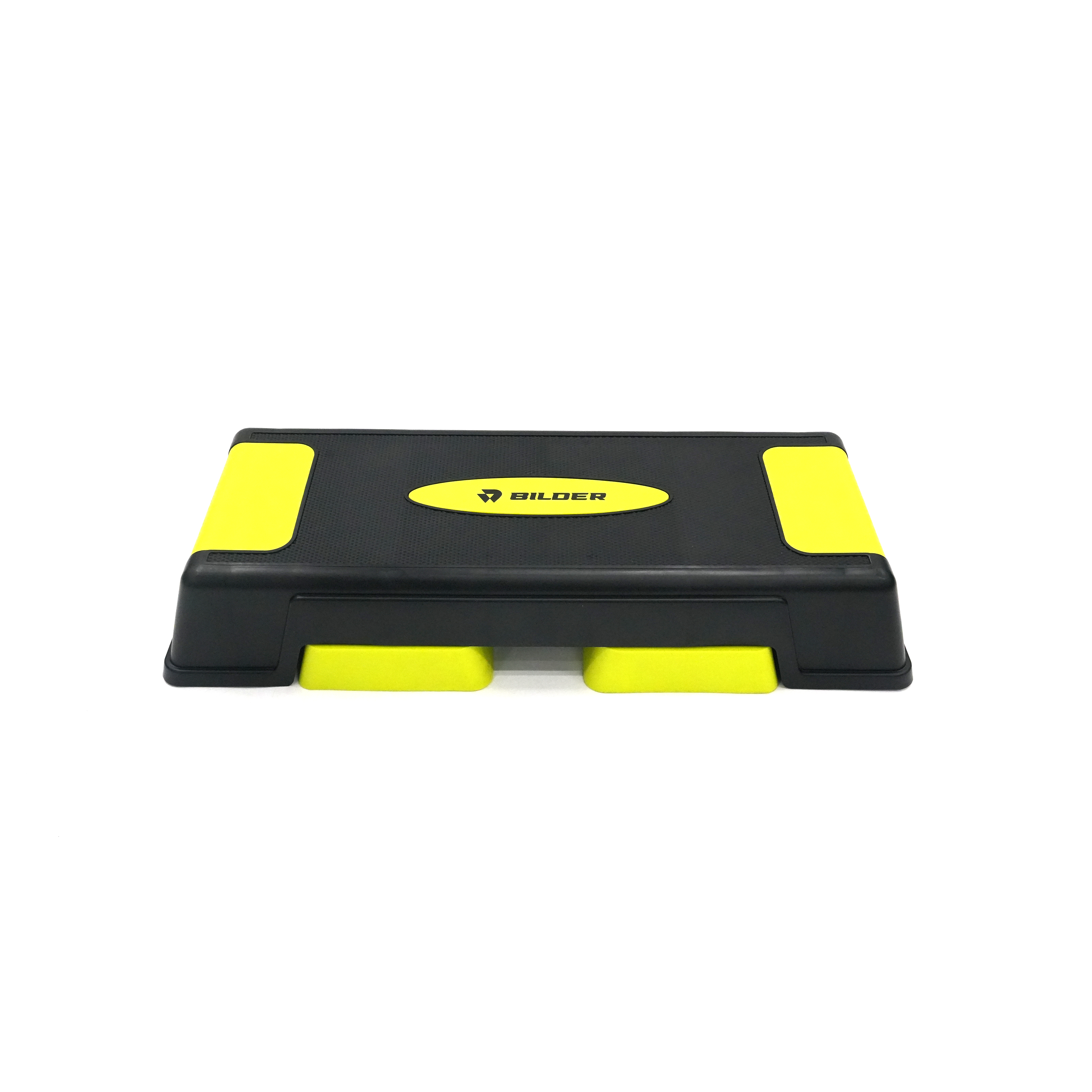Stepper fitness nero con accenti e logo gialli.