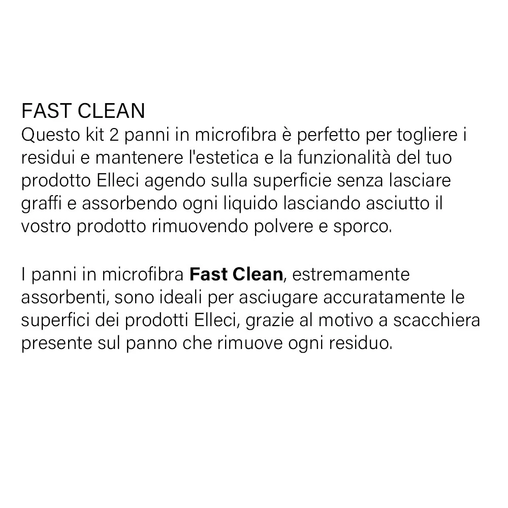 Testo su un kit in microfibra Fast Clean per la pulizia dei prodotti.