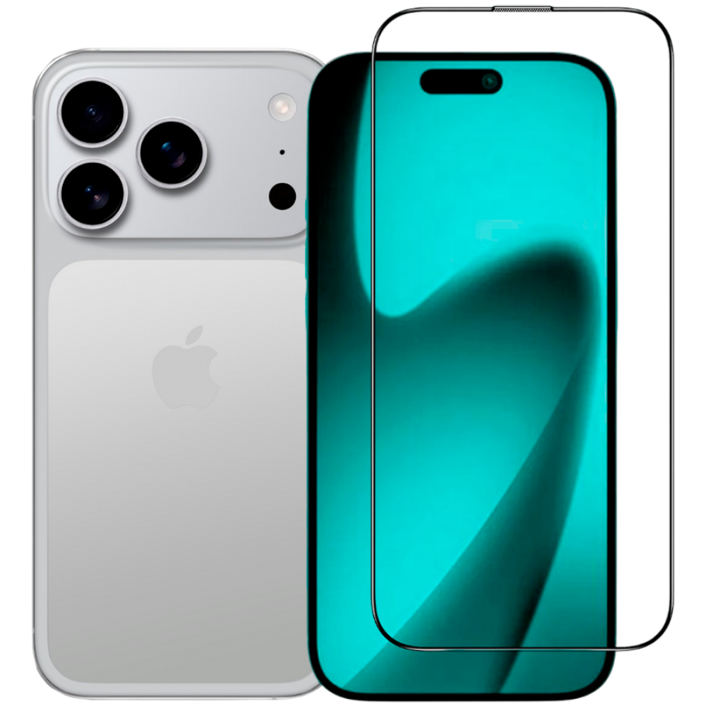 Un iPhone argentato con tre fotocamere e uno schermo blu affiancati.