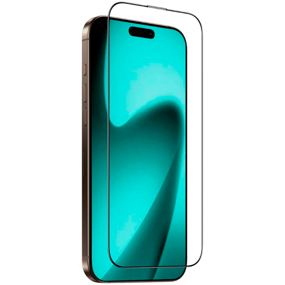 Una cornice dorata per smartphone con schermo verde acqua e proteggi schermo.