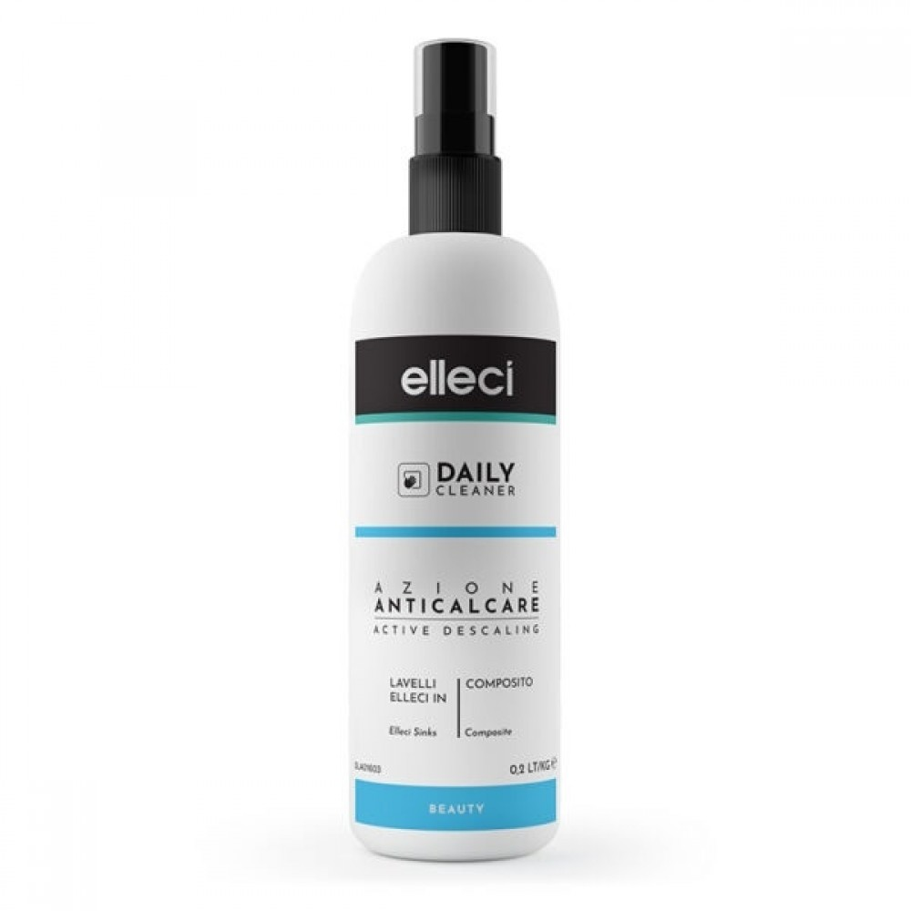 Flacone spray bianco con spruzzatore nero, etichetta 'elleci DAILY CLEANER' e 'AZIONE ANTICALCARE'.