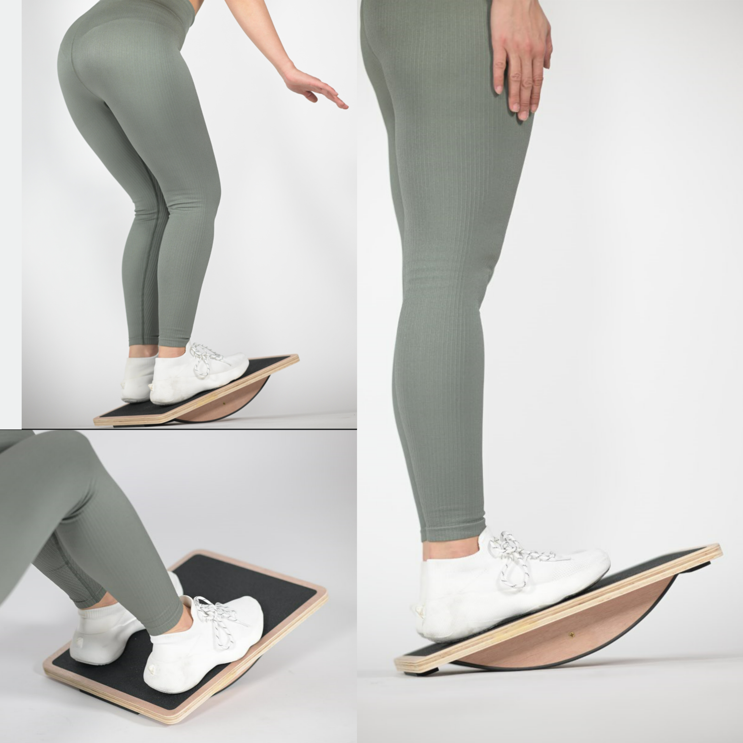 Una persona in abbigliamento sportivo verde si bilancia su una tavola di equilibrio in legno.