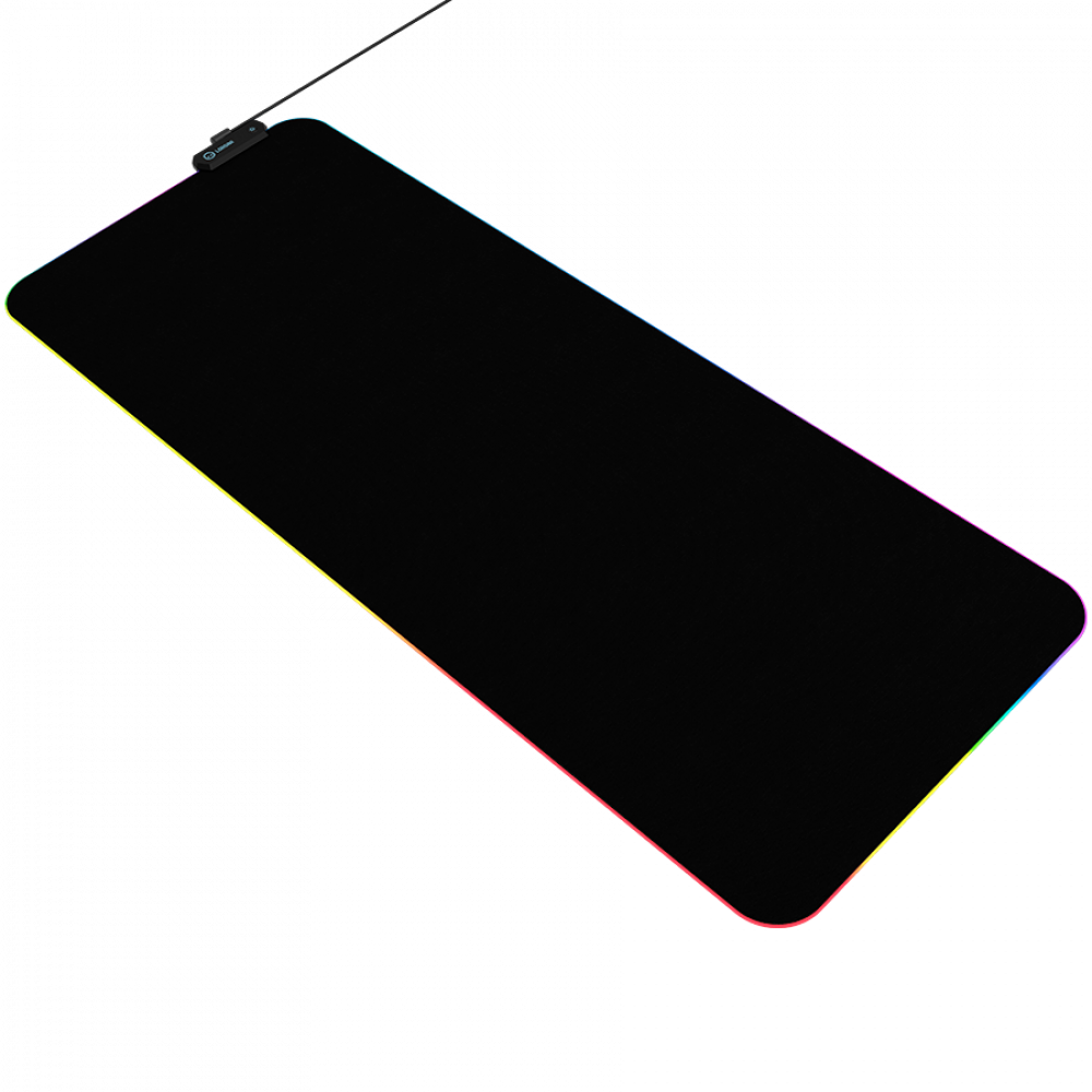 Czarna podkładka pod mysz z podświetleniem krawędzi RGB i małym modułem sterującym.