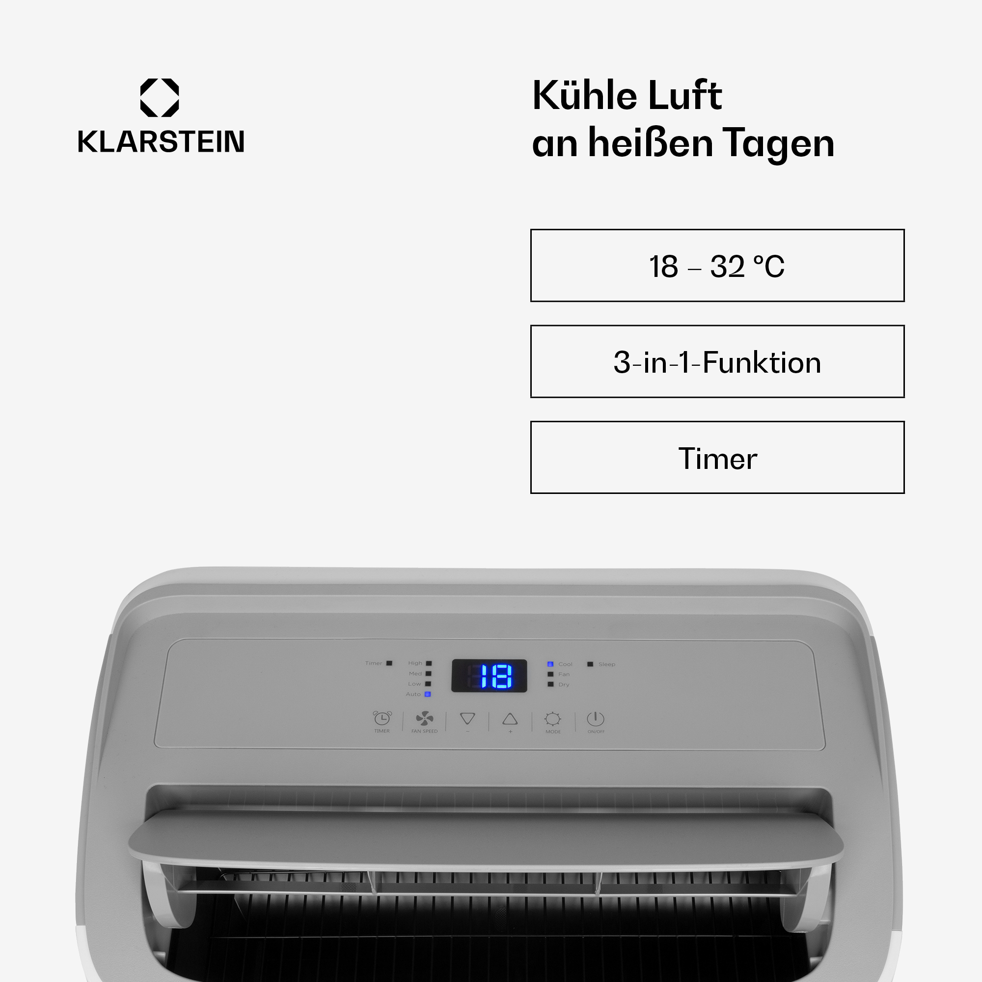 Klarstein Klimagerät mit digitaler Anzeige (18°C), Bedienelementen und Lüftungsschlitzen.