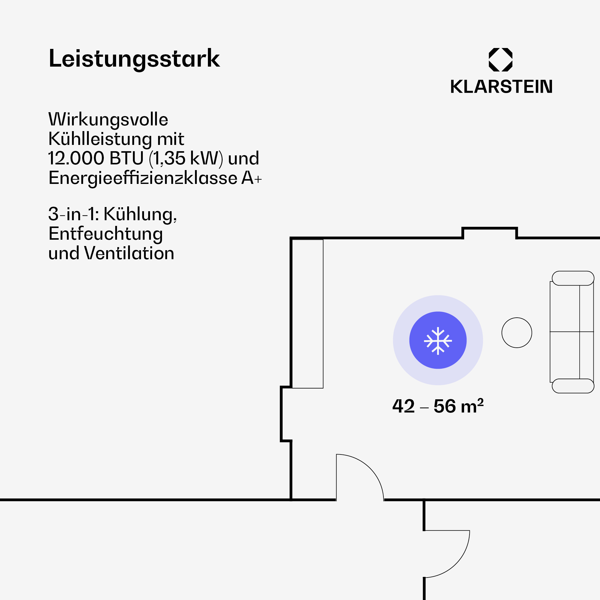 Grundriss eines Raumes mit Klimaanlage-Symbol, Text und Klarstein-Logo.