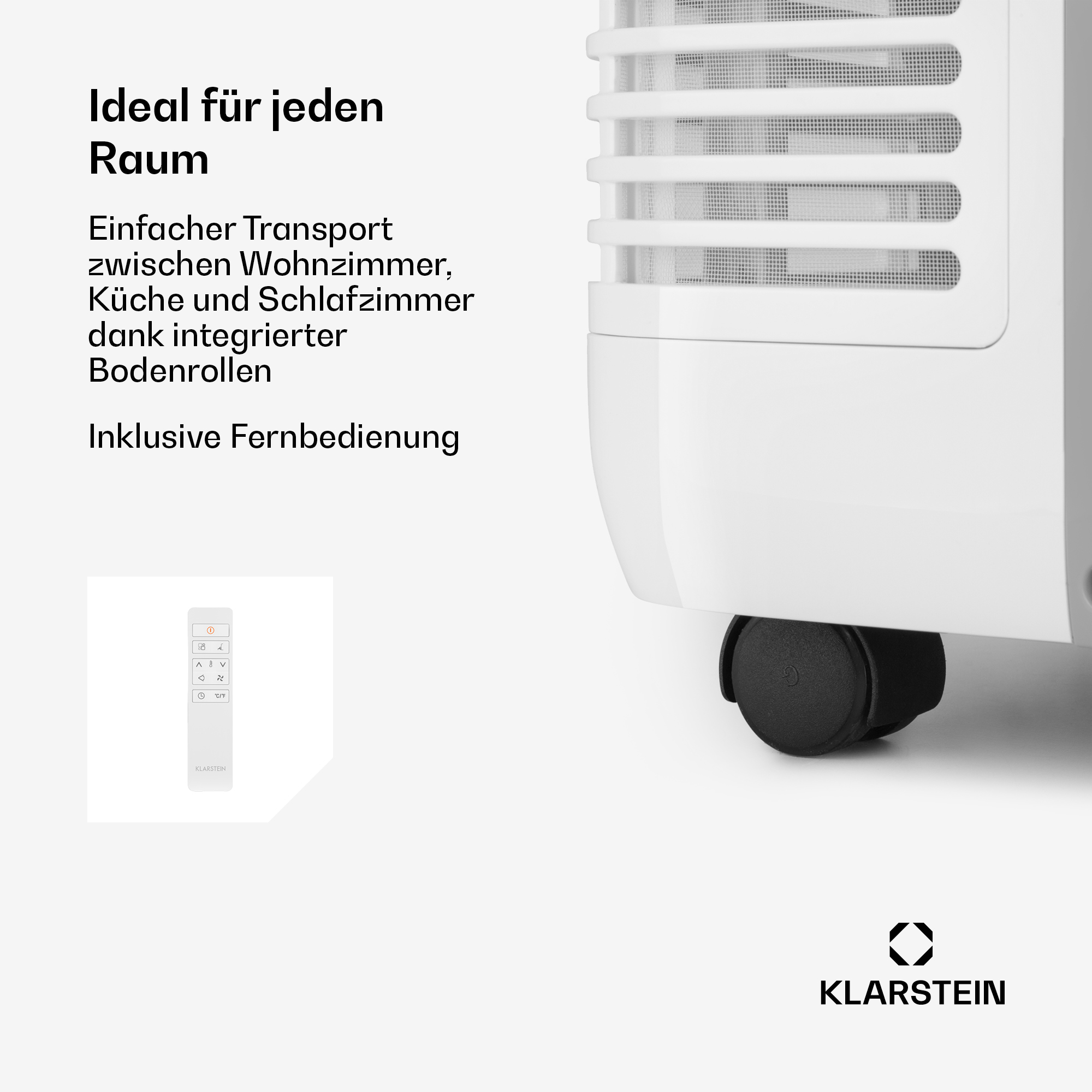Ein weißes Klimagerät mit Fernbedienung und Rädern.