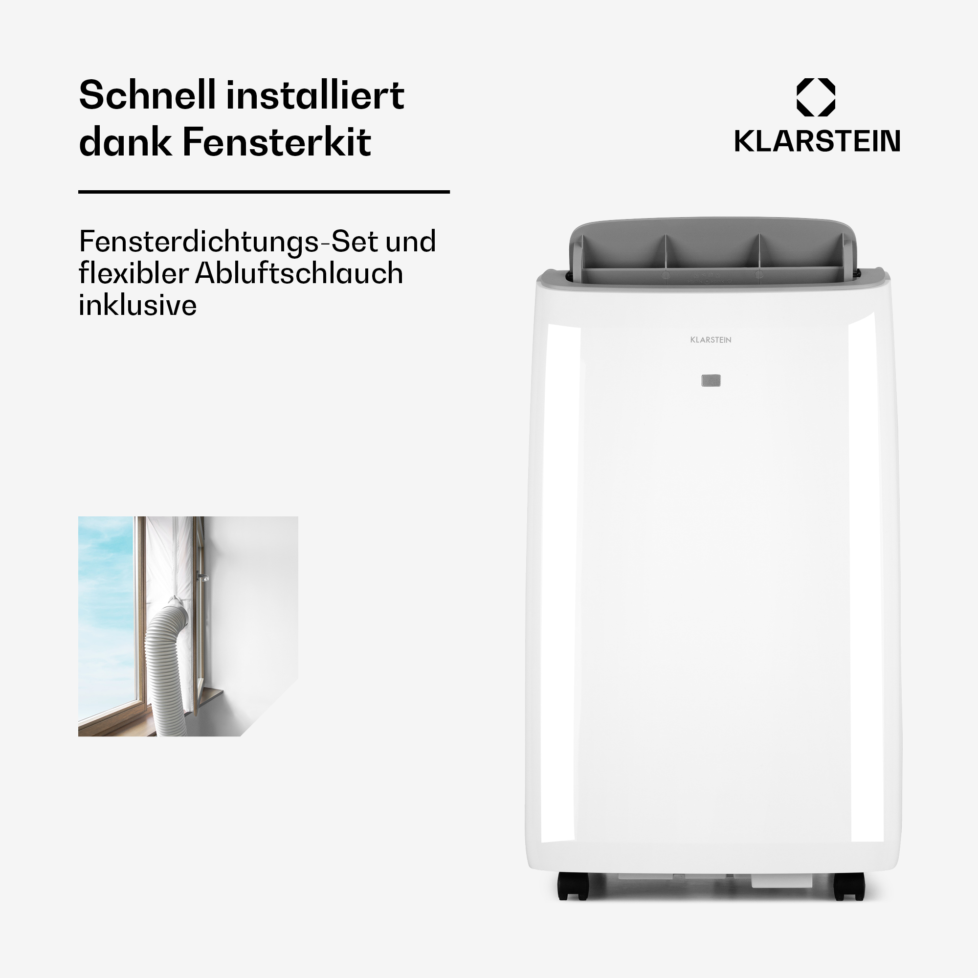 Ein weißer Klarstein-Luftkühler mit Fensterkit und flexiblem Schlauch.