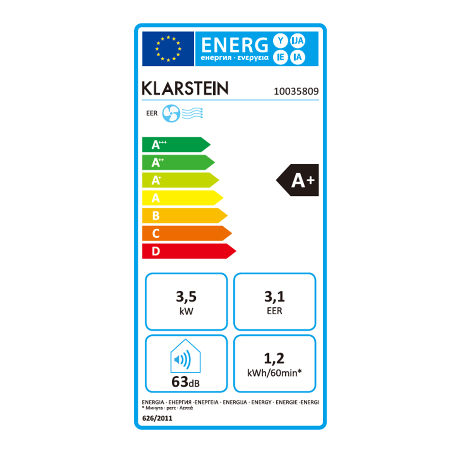 Energielabel von Klarstein mit Effizienzklasse A+ und Geräuschpegel 63dB.