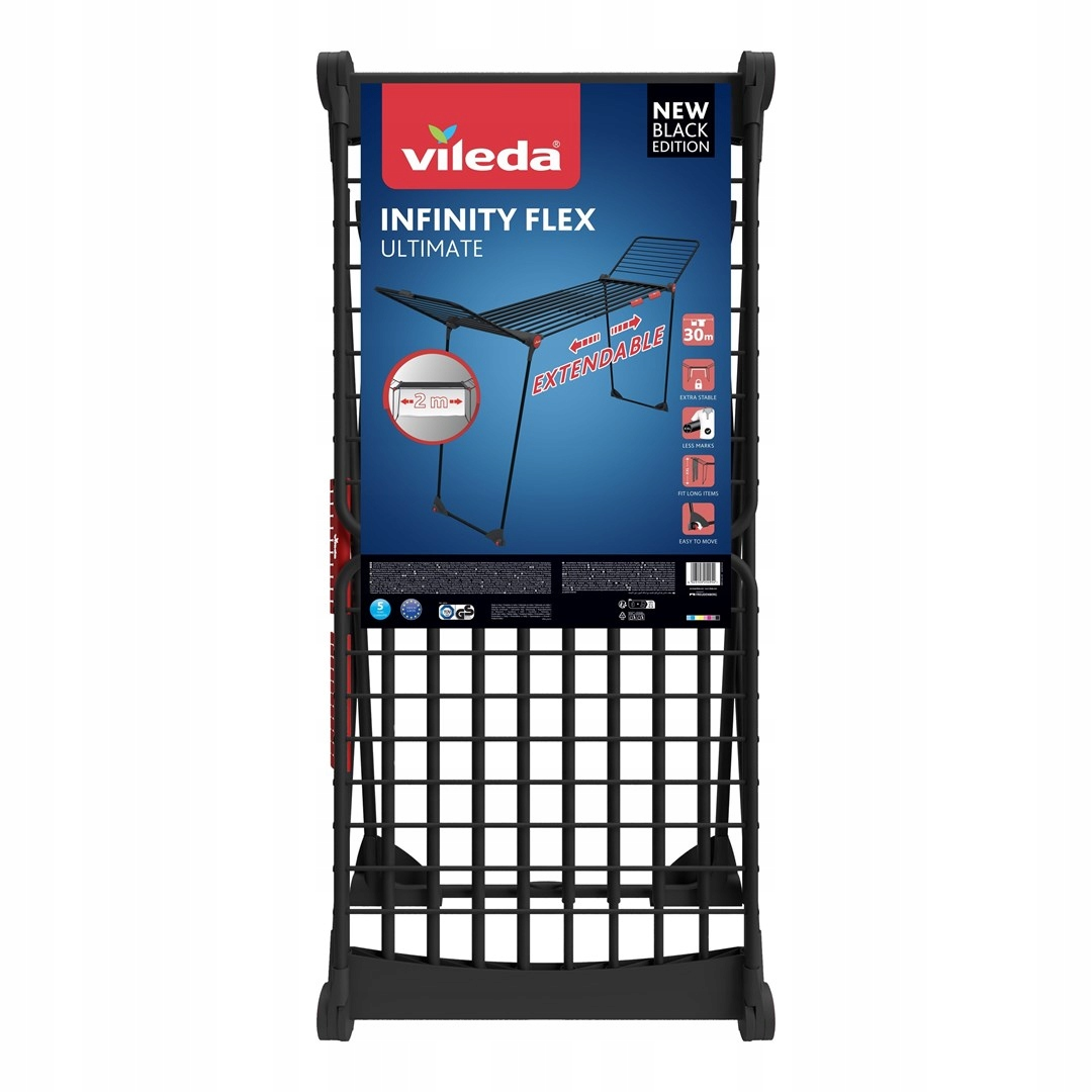 Czarny, rozkładany stojak na pranie Vileda Infinity Flex Ultimate z kółkami.