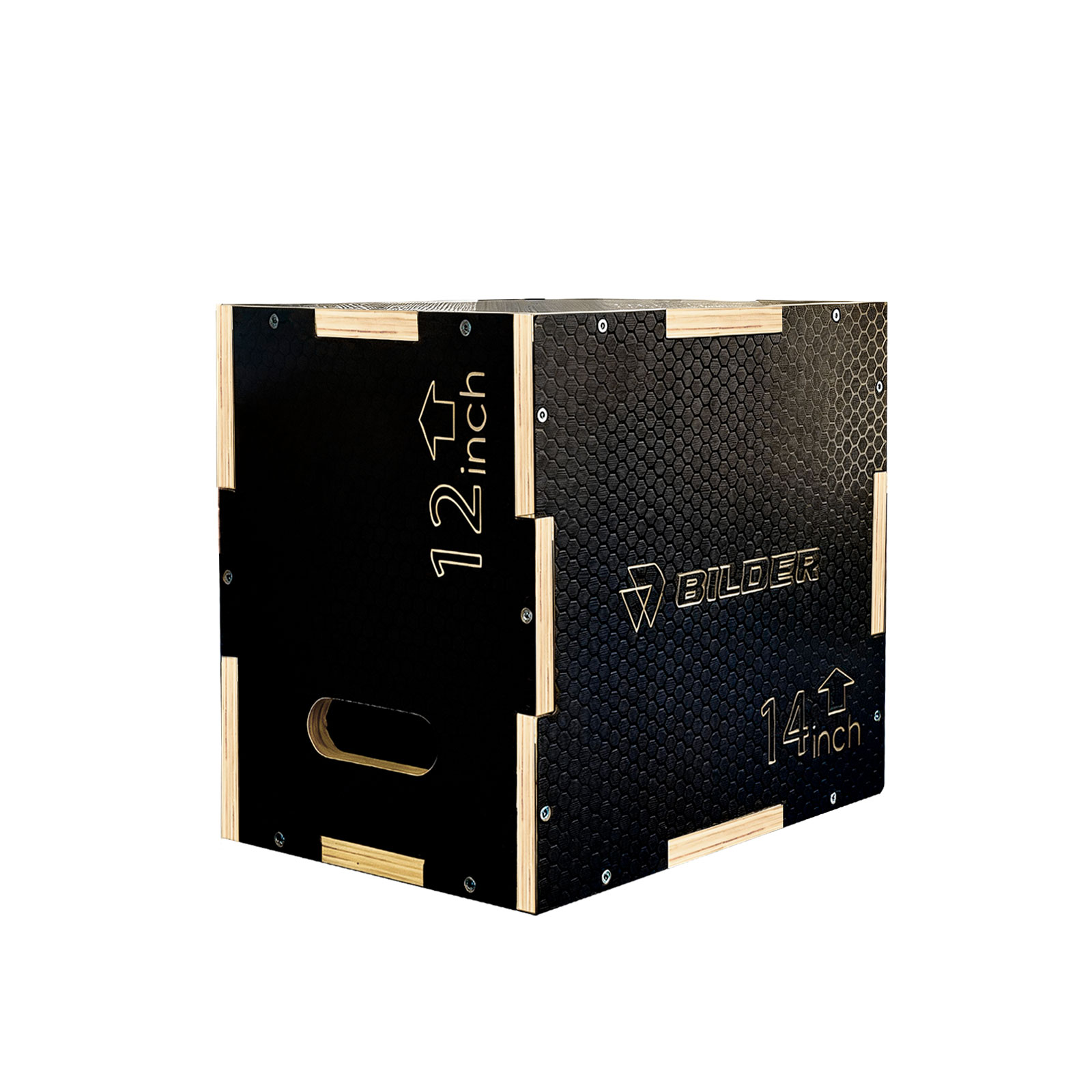 Box in legno nero per plyo con scritte '12 pollici' e '14 pollici'.