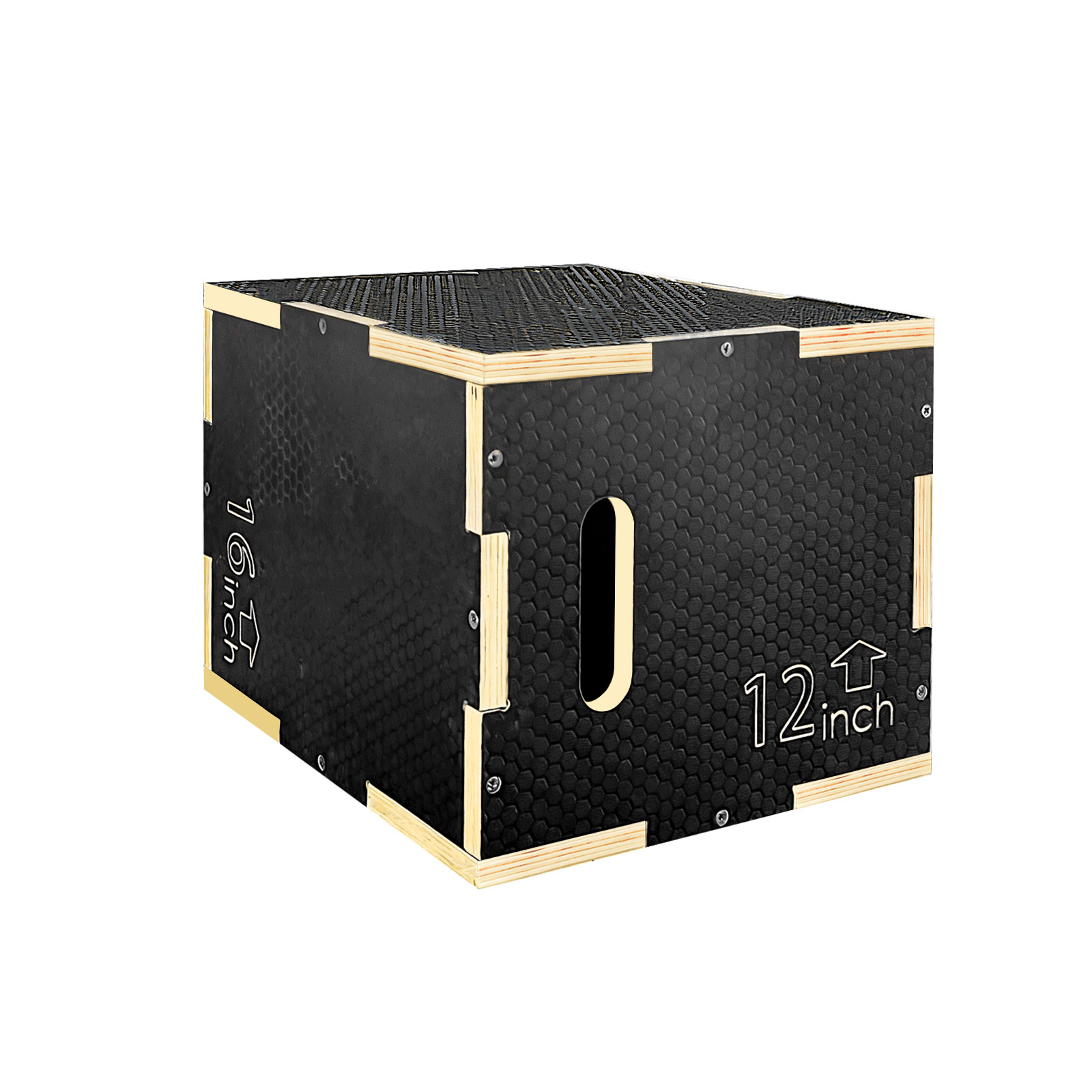 Box fitness nero con finiture in legno, marcato 12 e 16 pollici.