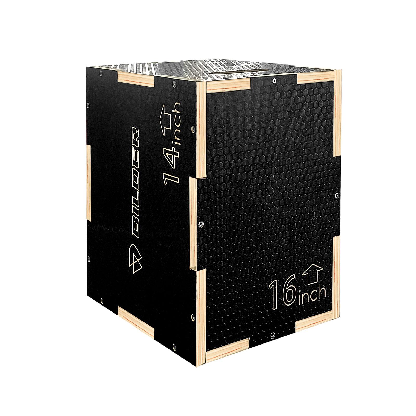 Box pliometrico nero con bordi in legno. Marcato '14inch' e '16inch'.