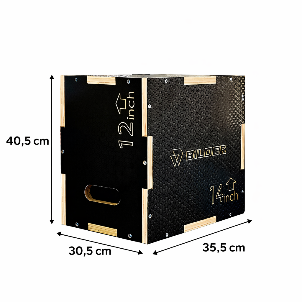 Una scatola nera con finiture in legno e dimensioni indicate. Etichettata 12 e 14 pollici.