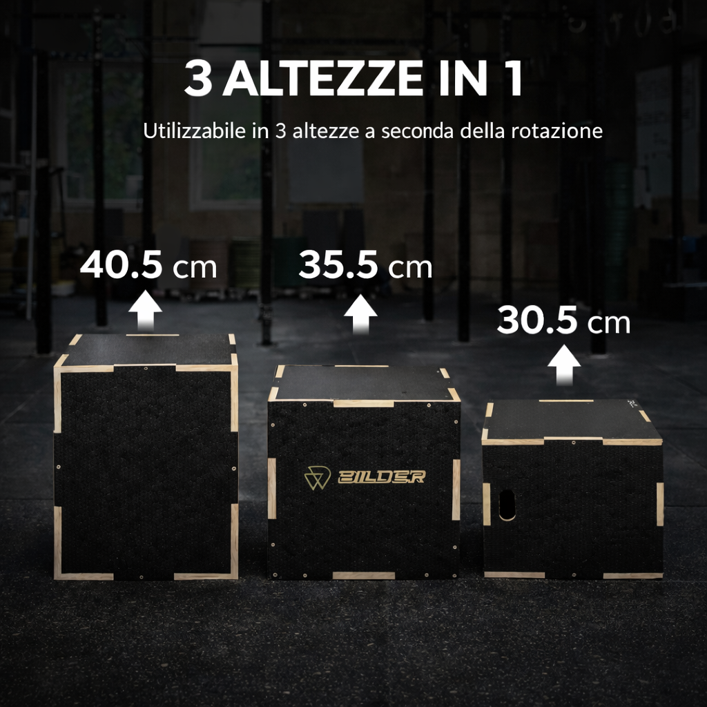 Tre box pliometrici neri di diverse altezze (40,5, 35,5, 30,5 cm) in palestra.