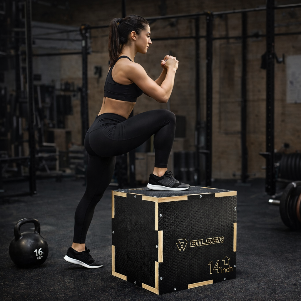 Donna in affondo su una scatola nera con kettlebell accanto.