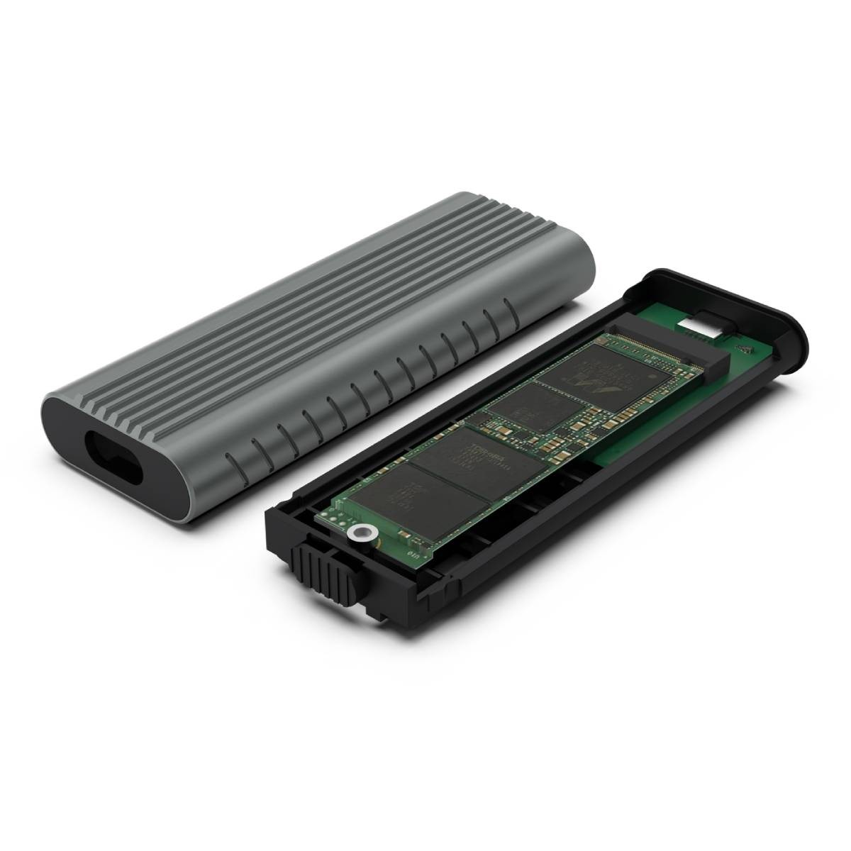 Una carcasa externa gris para SSD con la tapa abierta, revelando la placa de circuito.