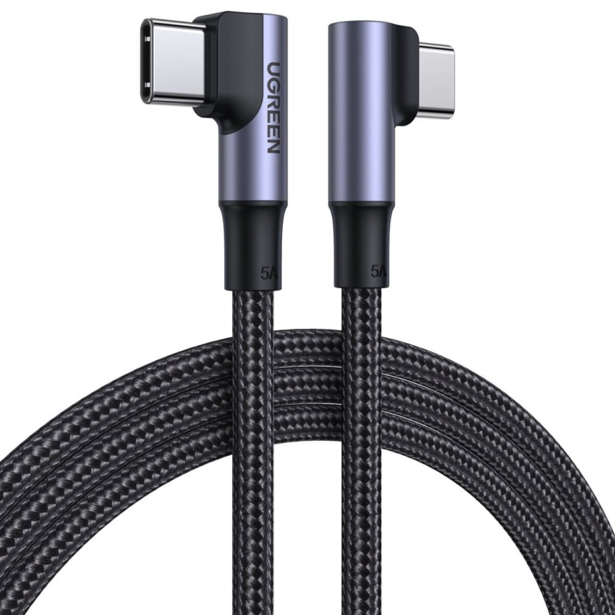 Due cavi USB-C a 90 gradi con filo intrecciato nero su sfondo bianco.