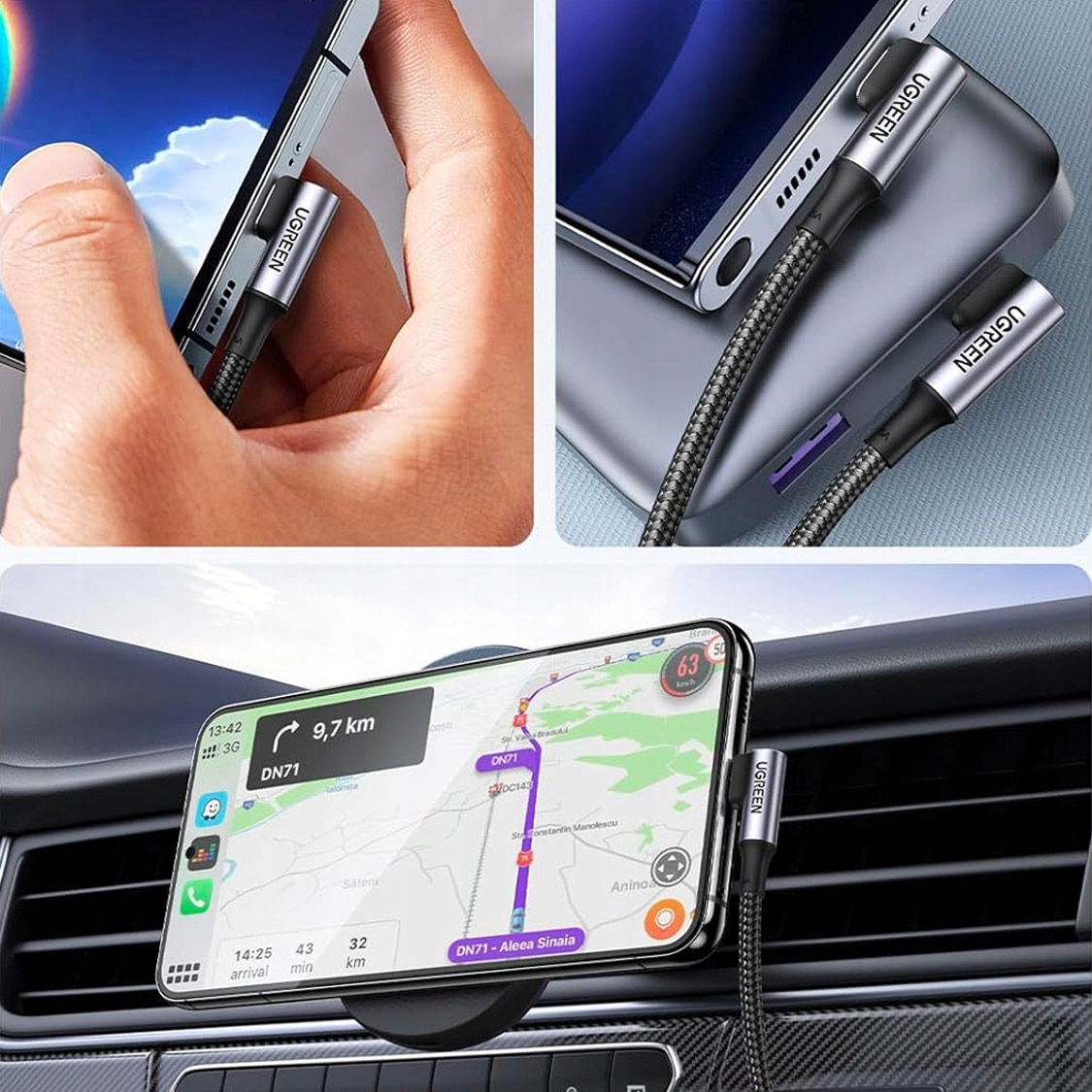 Primo piano di un cavo di ricarica collegato a uno smartphone e un telefono in un'auto che utilizza un'app di navigazione.