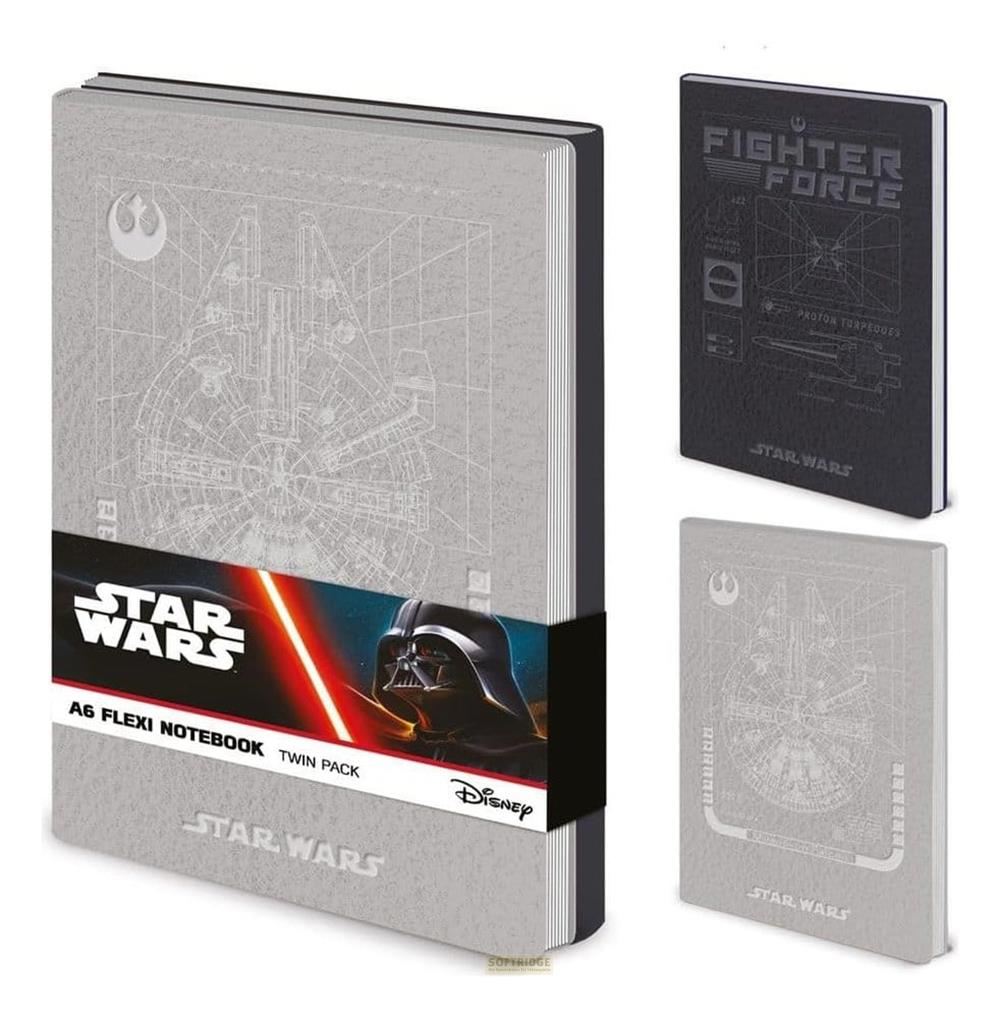 Zestaw 2 zeszytów A6 Star Wars. Jeden szary z planem Sokoła Millennium, jeden czarny ze specyfikacją myśliwca.
