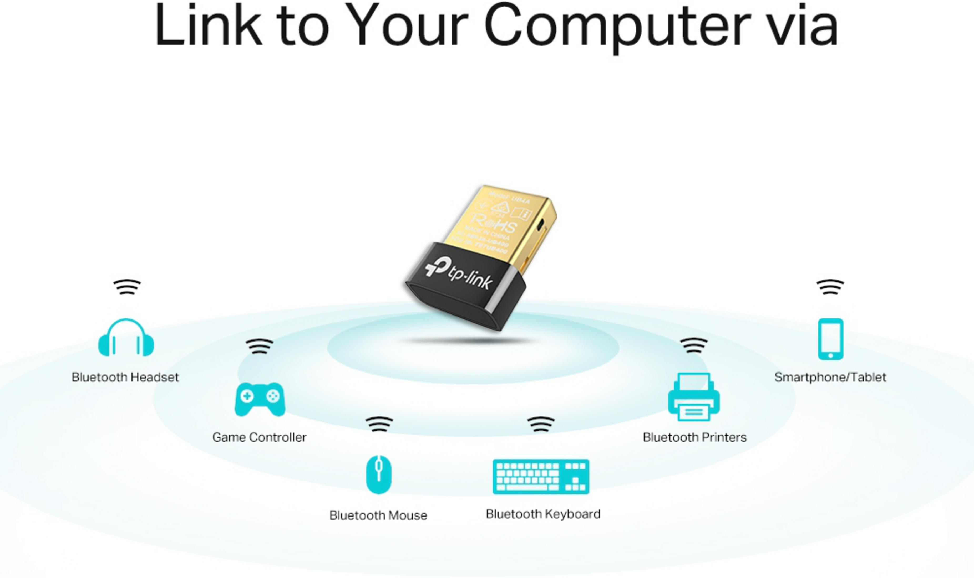 Un dongle Bluetooth oro e nero si collega a vari dispositivi: auricolari, controller, mouse, tastiera, stampante e smartphone.