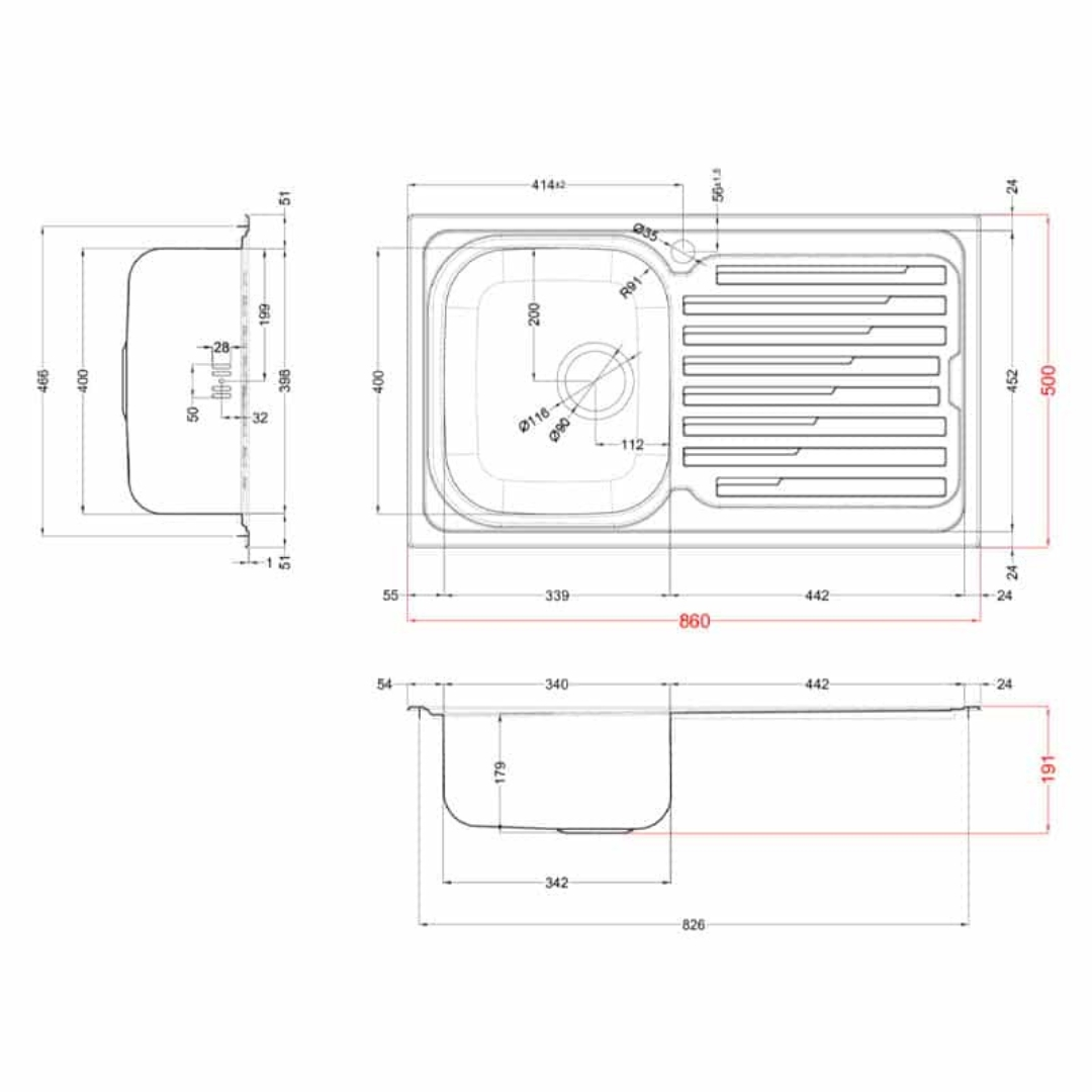 Disegno tecnico di un lavello in acciaio inox con dimensioni. Include viste dall'alto, laterale e frontale.