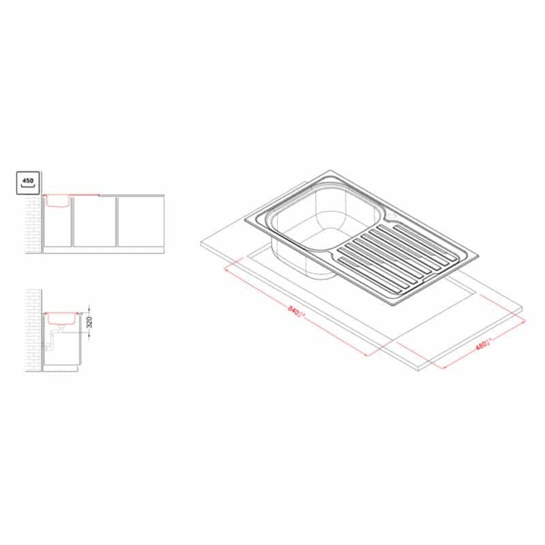 Diagramma di un lavello con dimensioni e viste di installazione.