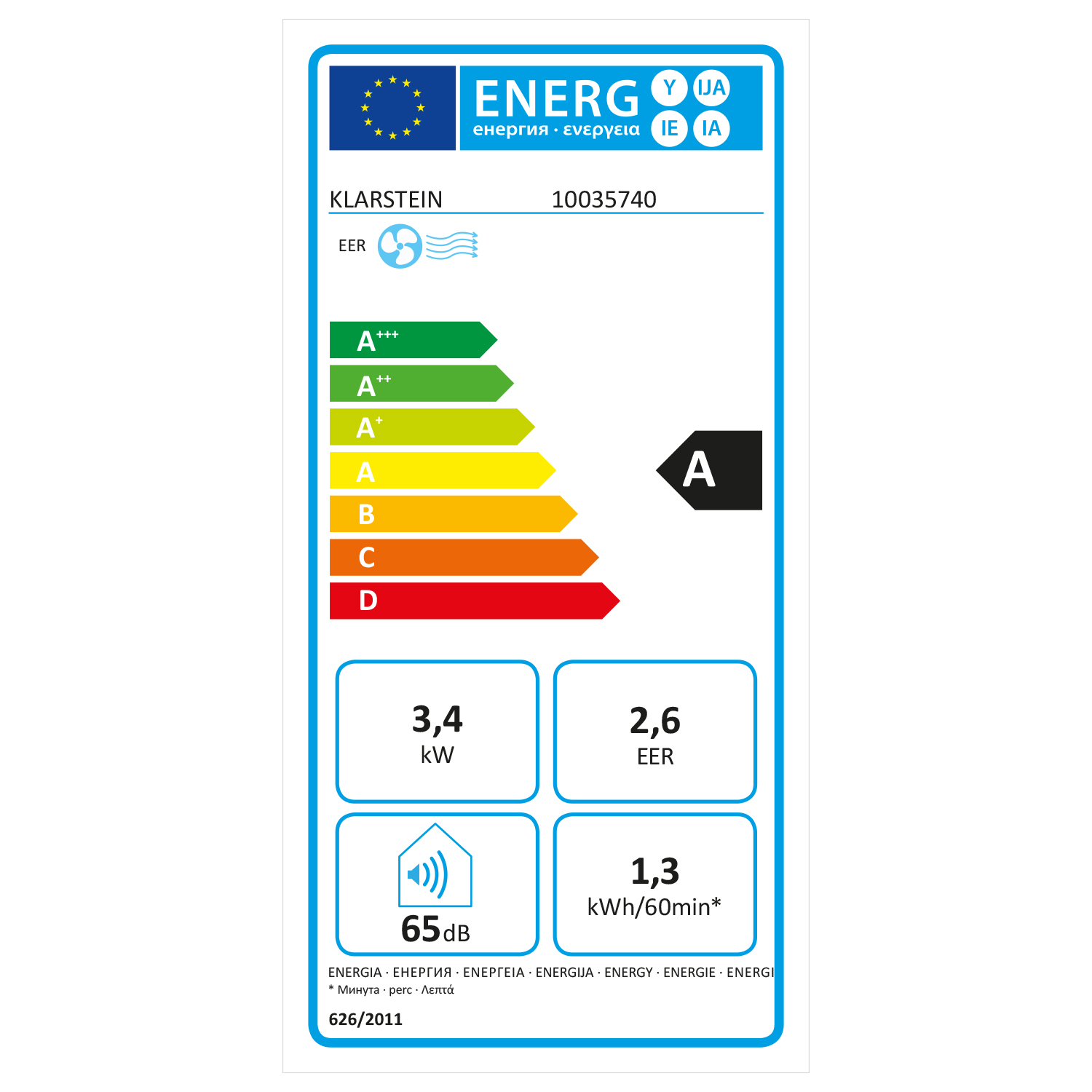 Energielabel für Klimaanlage von Klarstein: 3,4kW, 65dB, 2,6 EER, 1,3 kWh/60min.