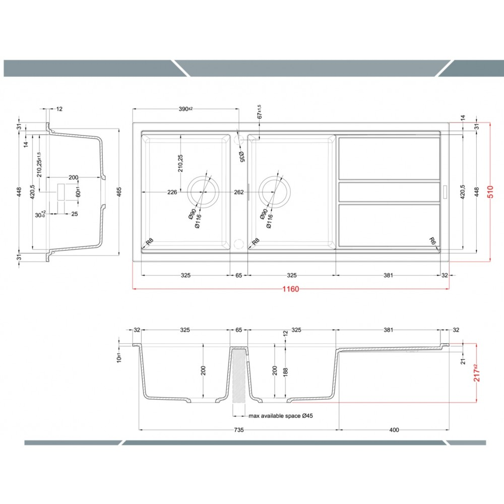 Disegno tecnico di un lavello doppio con dimensioni e viste dettagliate.