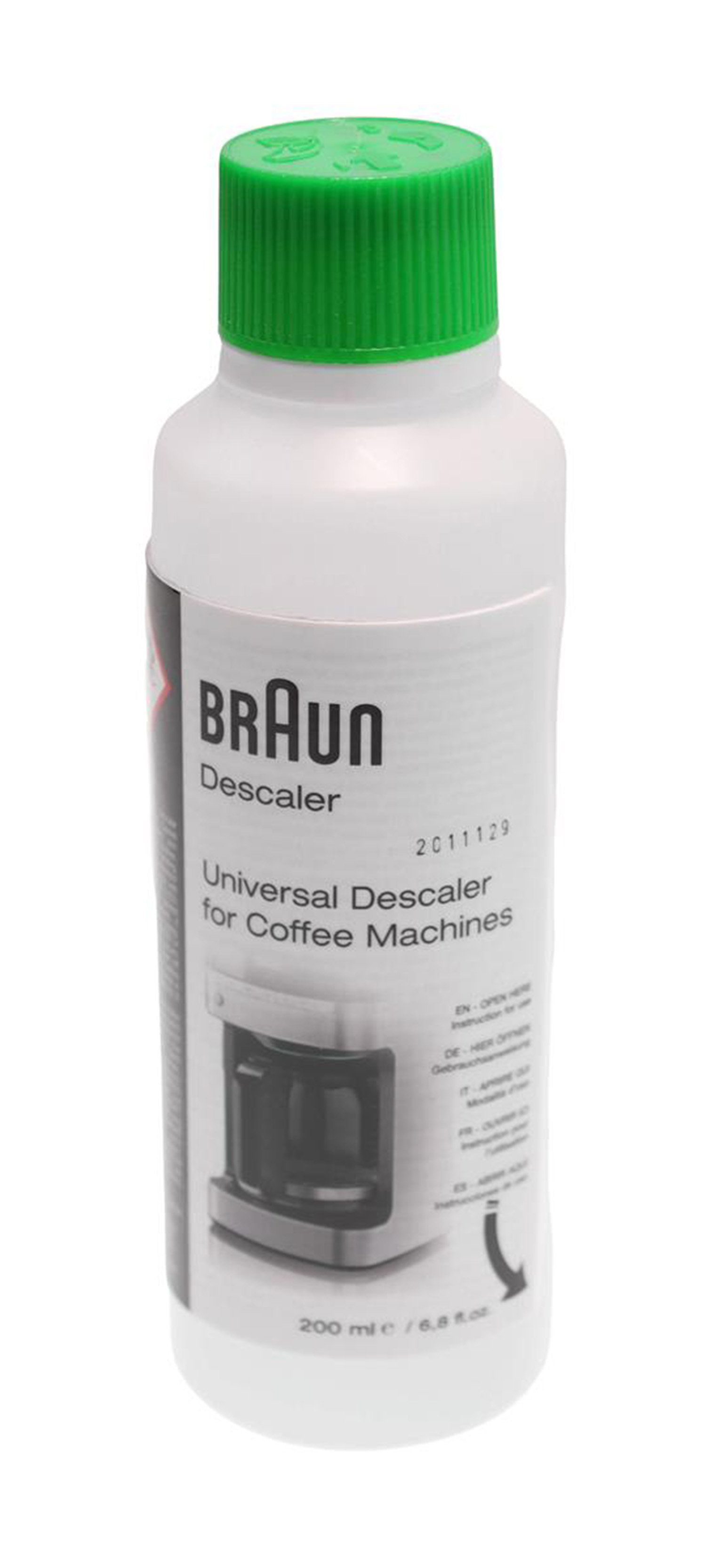 Weiße Flasche mit BRAUN Entkalker für Kaffeemaschinen, grüne Kappe.