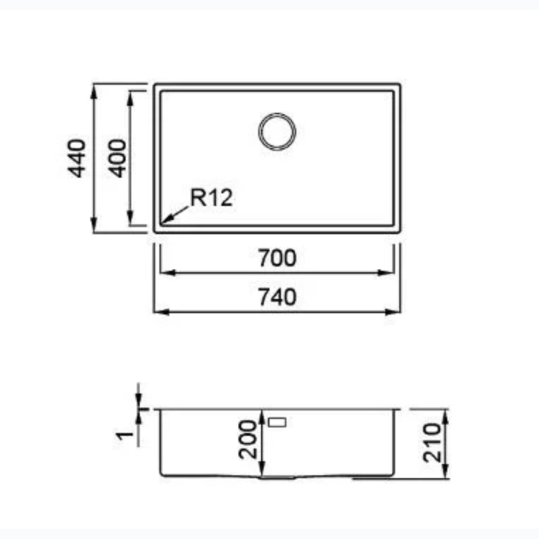 Disegno tecnico di un lavello con dimensioni.