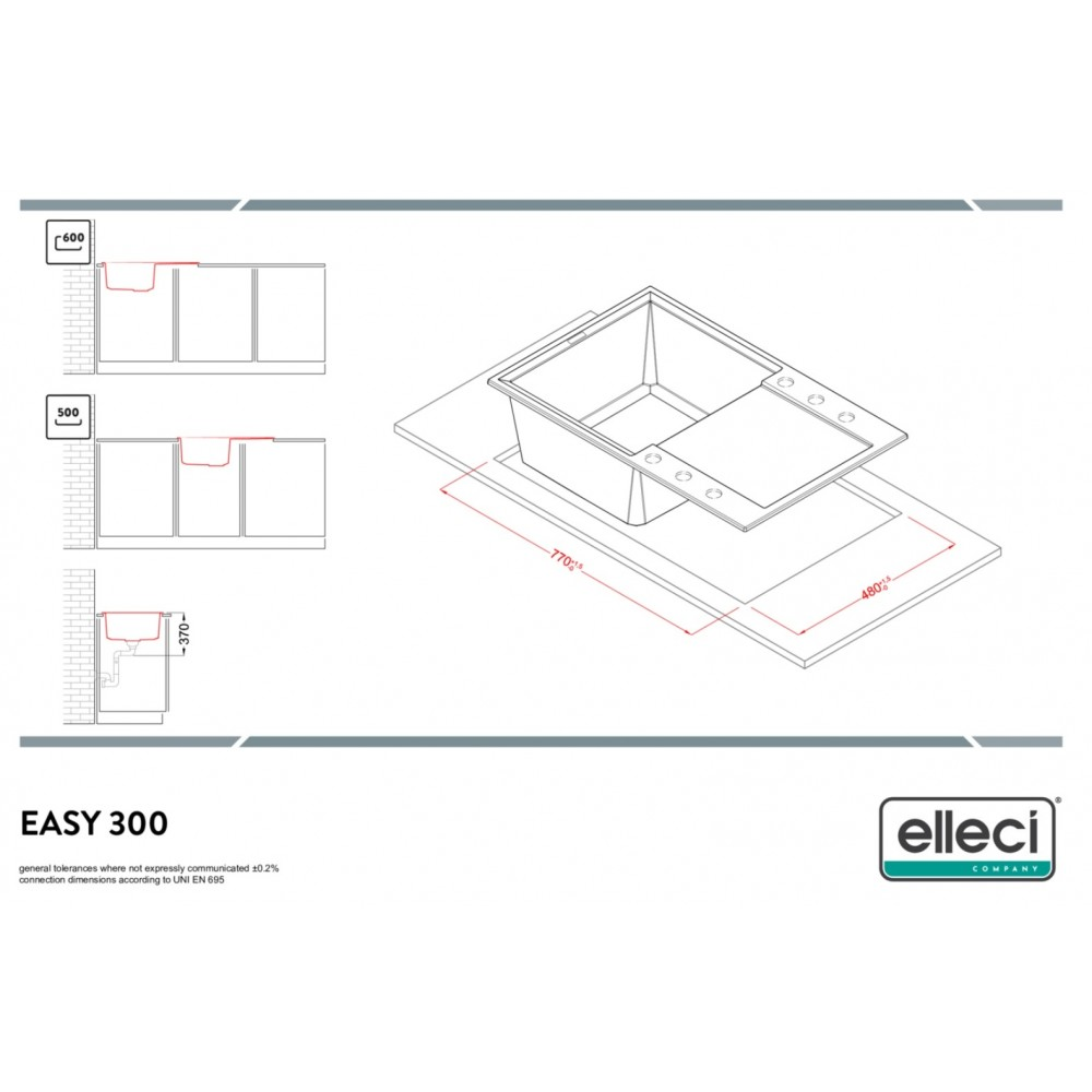Disegno tecnico di un lavello con dimensioni e dettagli di installazione.