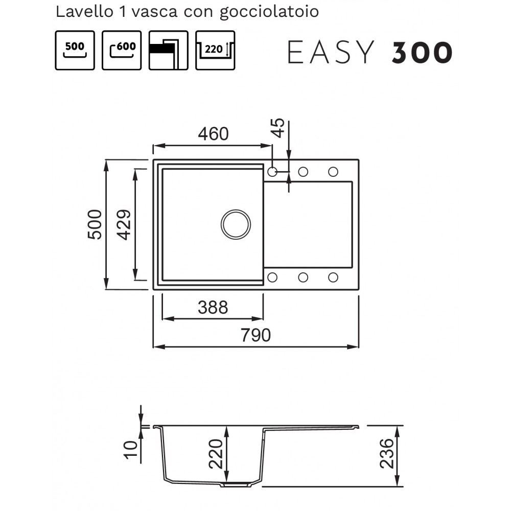 Disegno tecnico di un lavello 1 vasca con gocciolatoio.