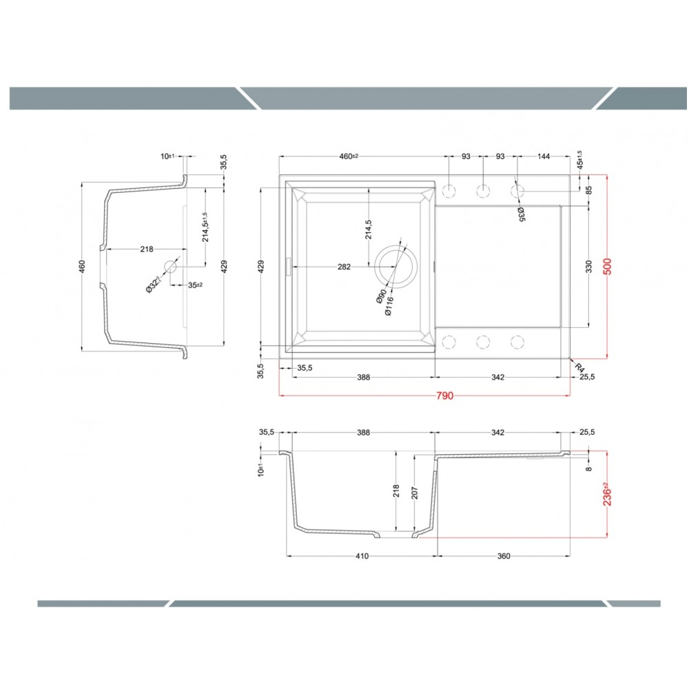 Disegno tecnico di un lavello con dimensioni e viste.
