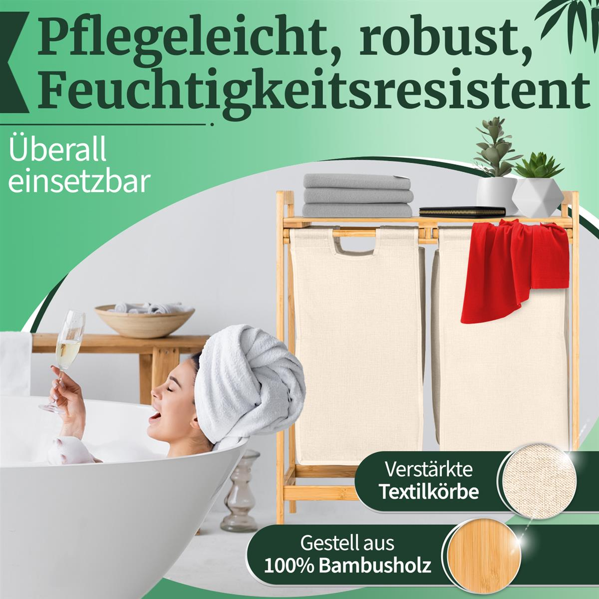 Frau in Badewanne mit Champagner. Bambus-Wäschekorb mit cremefarbenen Körben u. rotem Handtuch.