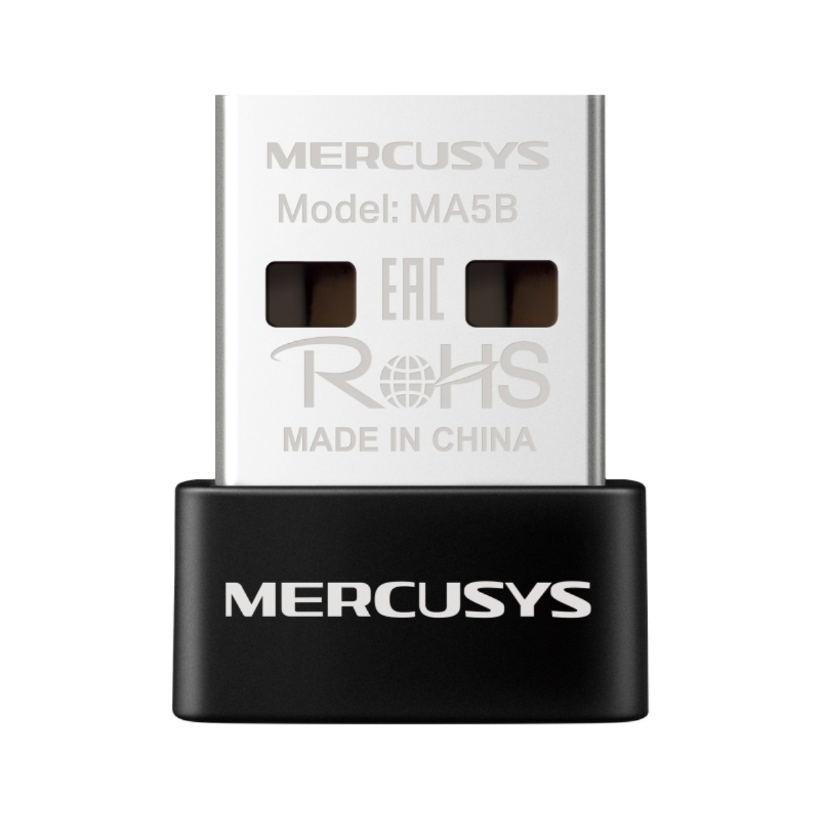 Un adattatore USB MERCUSYS nero e argento con loghi EAC e RoHS.