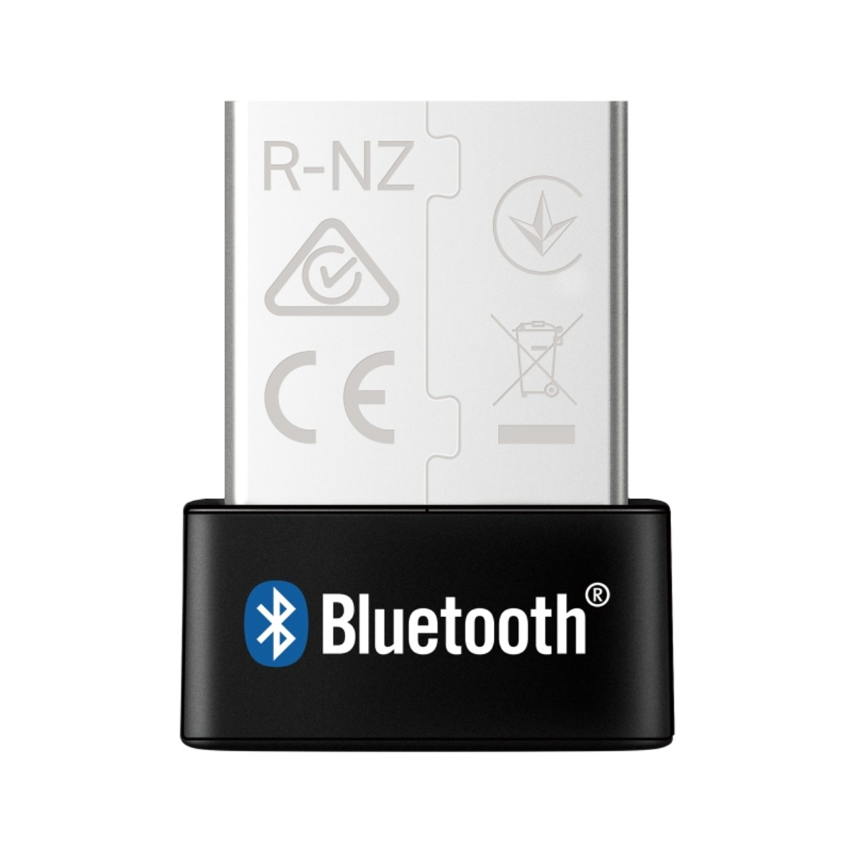 Un piccolo dongle Bluetooth nero con connettore argentato. Marchio CE.
