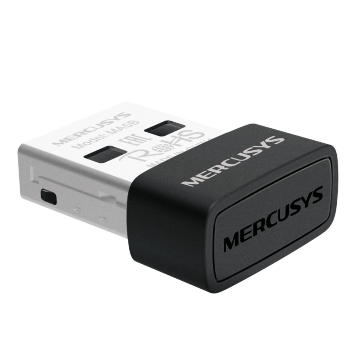 Un piccolo adattatore Wi-Fi USB MERCUSYS nero e argento.