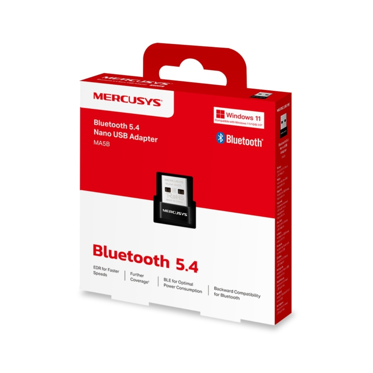 Confezione di un adattatore USB Nano Bluetooth 5.4 Mercusys, compatibile con Windows 11.