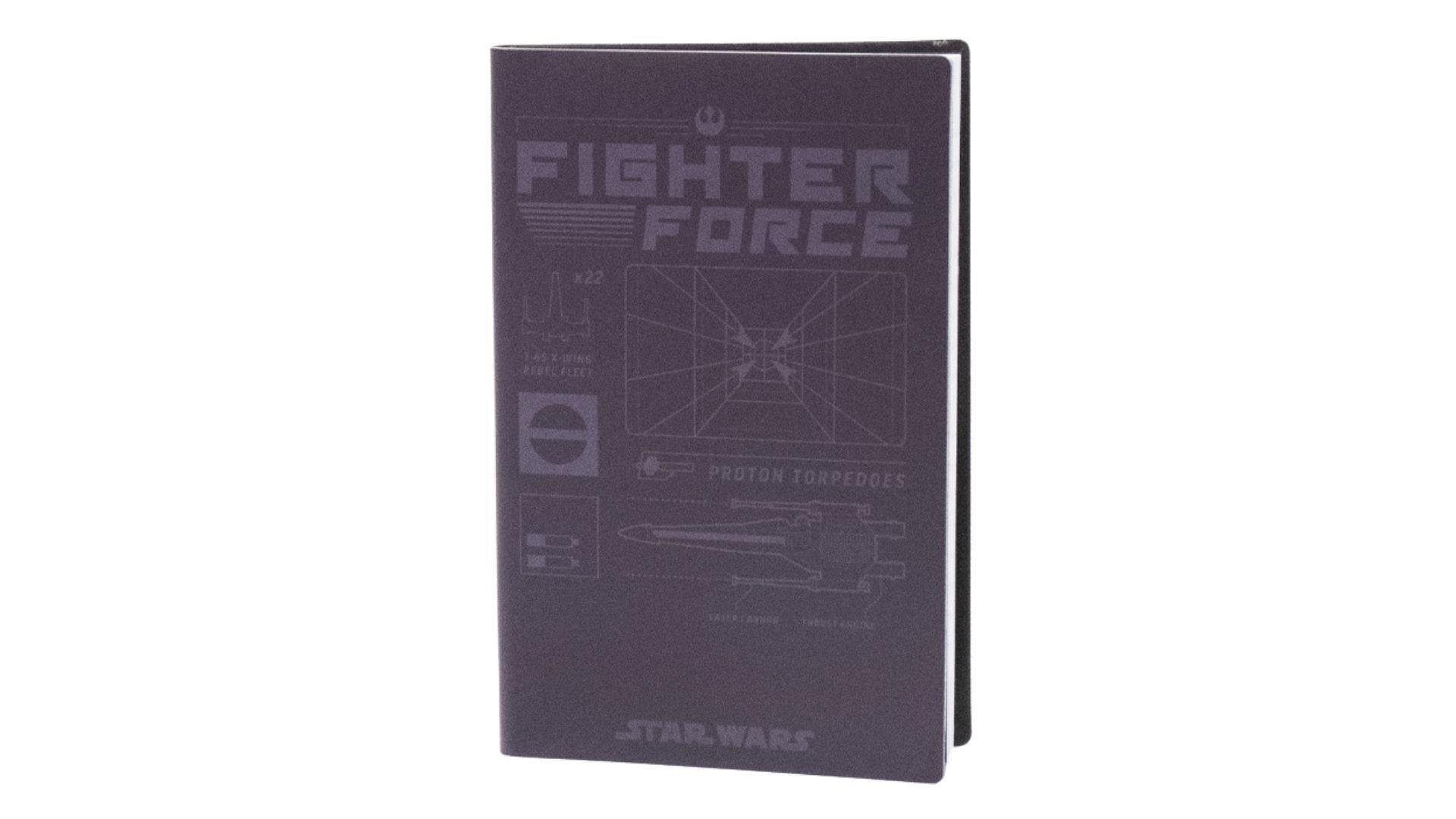Ciemny notatnik z motywem Gwiezdnych Wojen, przedstawiający statek X-wing i torpedy protonowe.