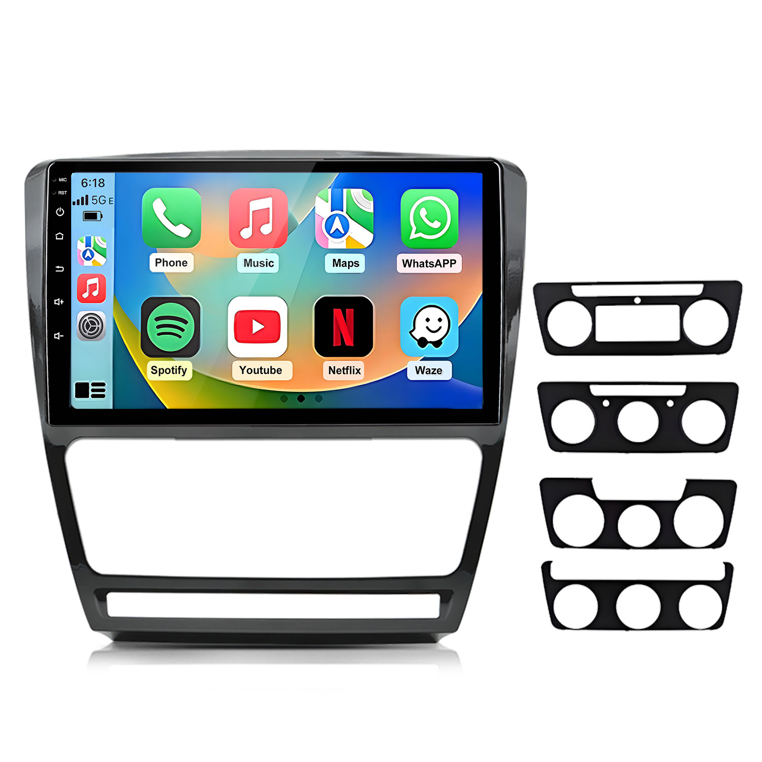 Schermo infotainment auto con app come Telefono, Musica, Mappe e Netflix. Include pezzi di rifinitura.