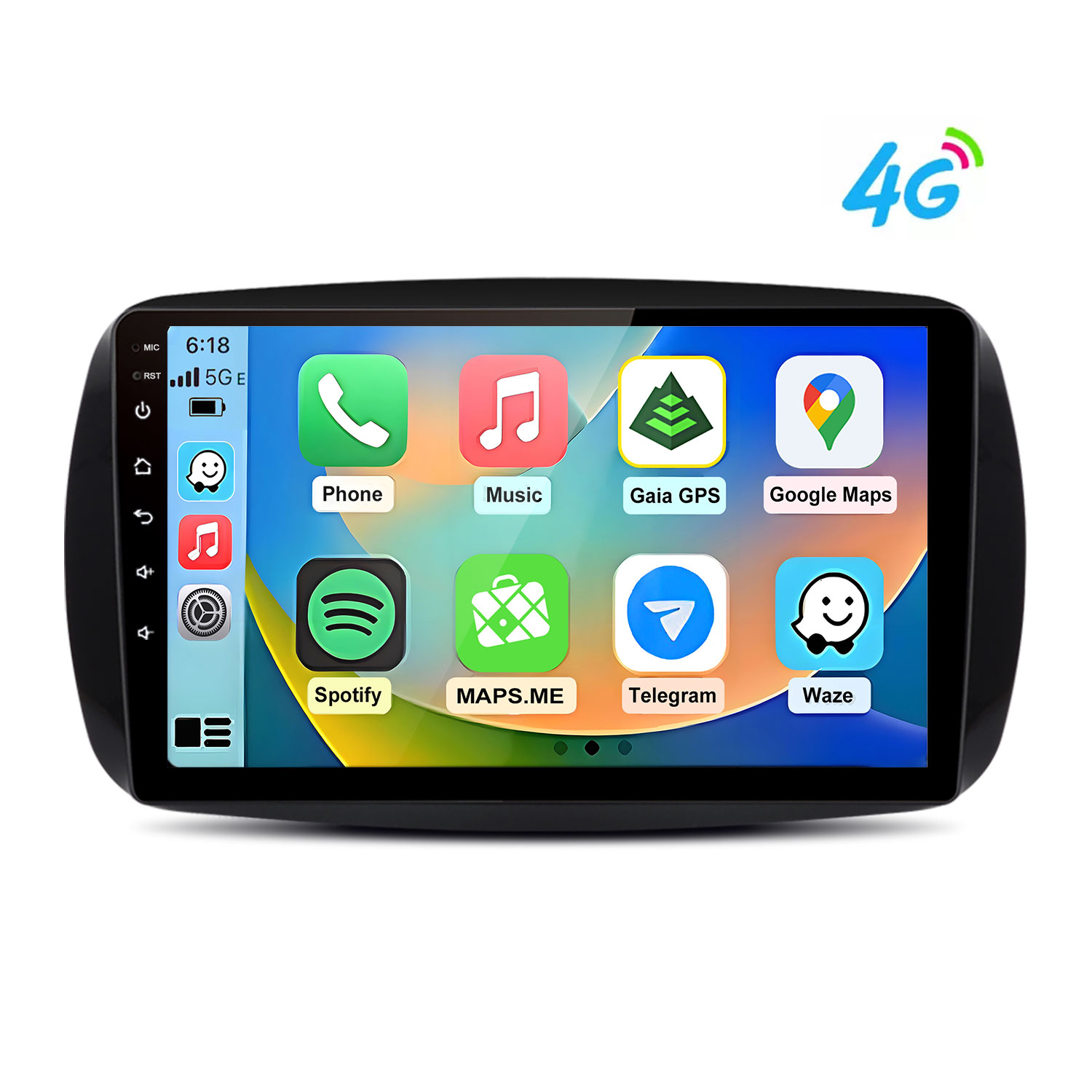 Schermo autoradio con icone app: Telefono, Musica, Gaia GPS, Google Maps, Spotify, MAPS.ME, Telegram, Waze.