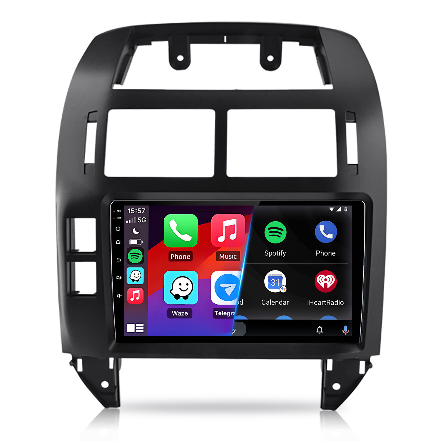 Uno schermo stereo per auto nero mostra icone di app come Telefono, Musica e Spotify.