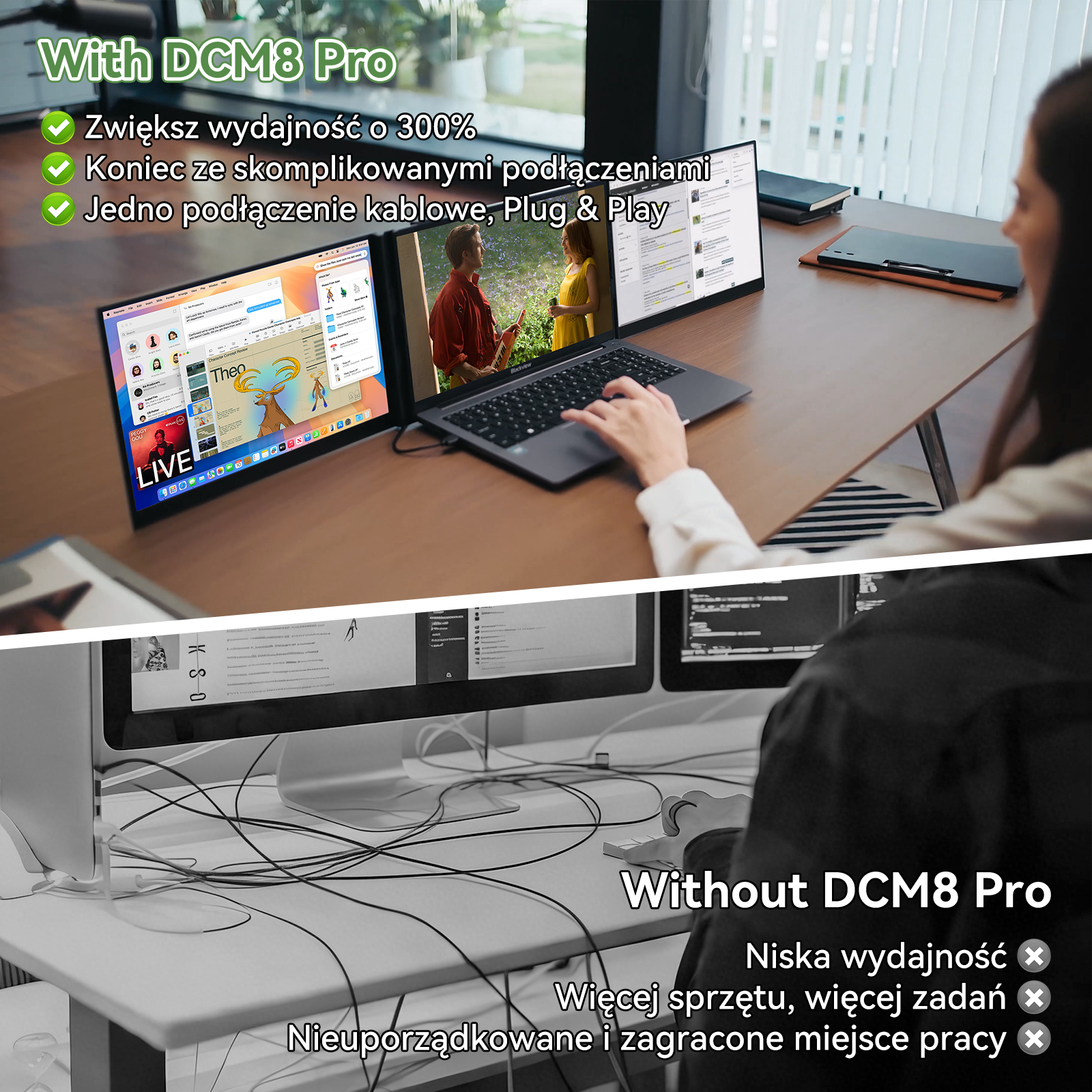 Góra: Laptop z trzema ekranami do pracy z DCM8 Pro. Dół: Bałaganiarski pulpit.