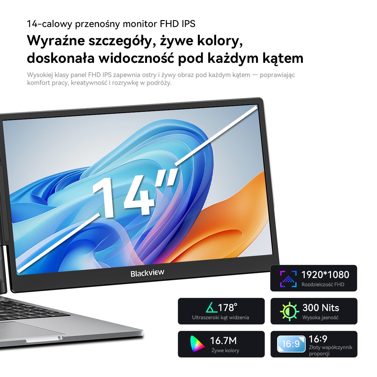 Przenośny monitor FHD IPS 14 cali, rozdzielczość 1920x1080, jasność 300 nitów.