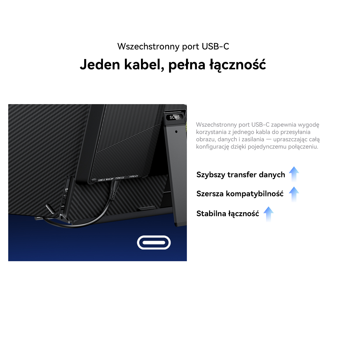 Tył monitora z portem USB-C i kablem.
