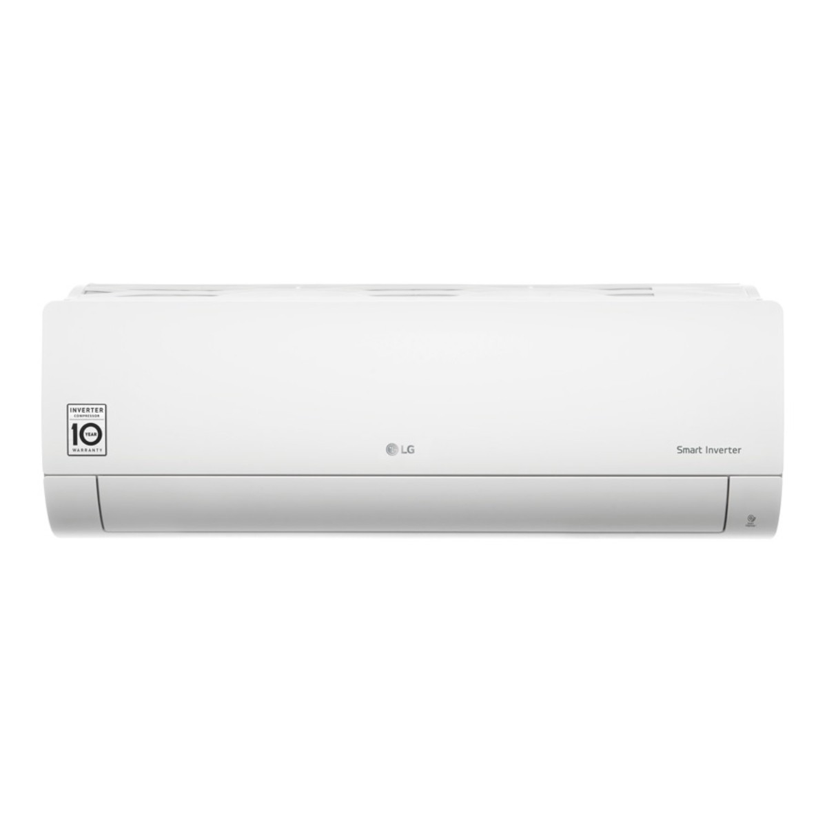 Un condizionatore LG Smart Inverter bianco con sigillo di 10 anni di garanzia.
