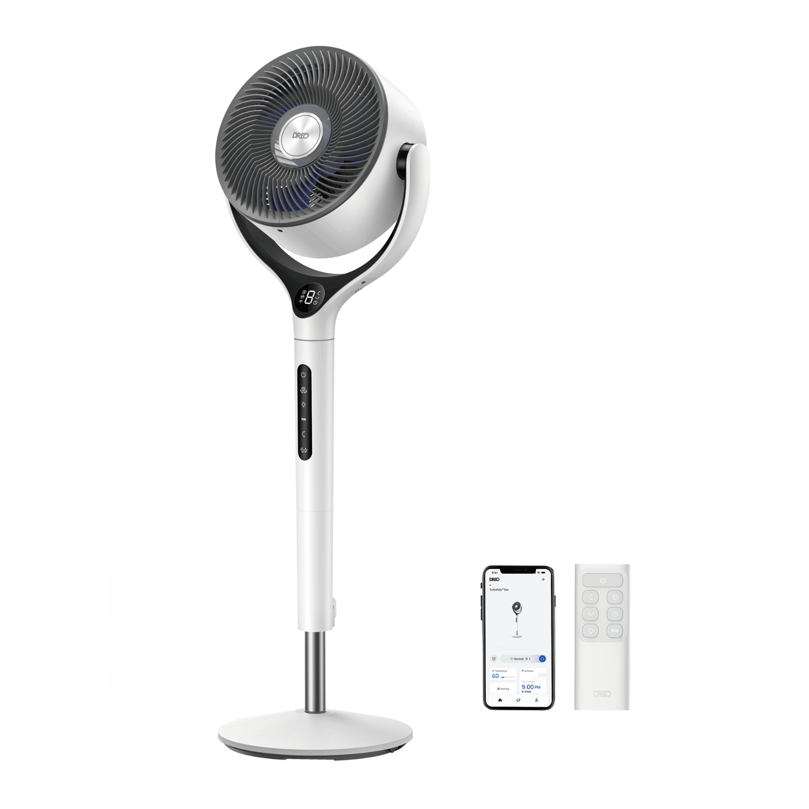 Un ventilateur sur pied blanc avec une télécommande et une application mobile.