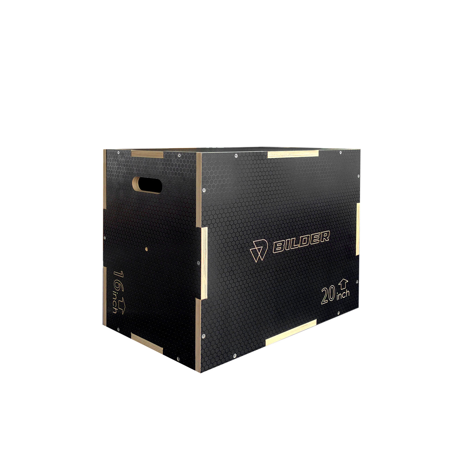 Box pliometrico nero con maniglie, marcato 16 e 20 pollici.