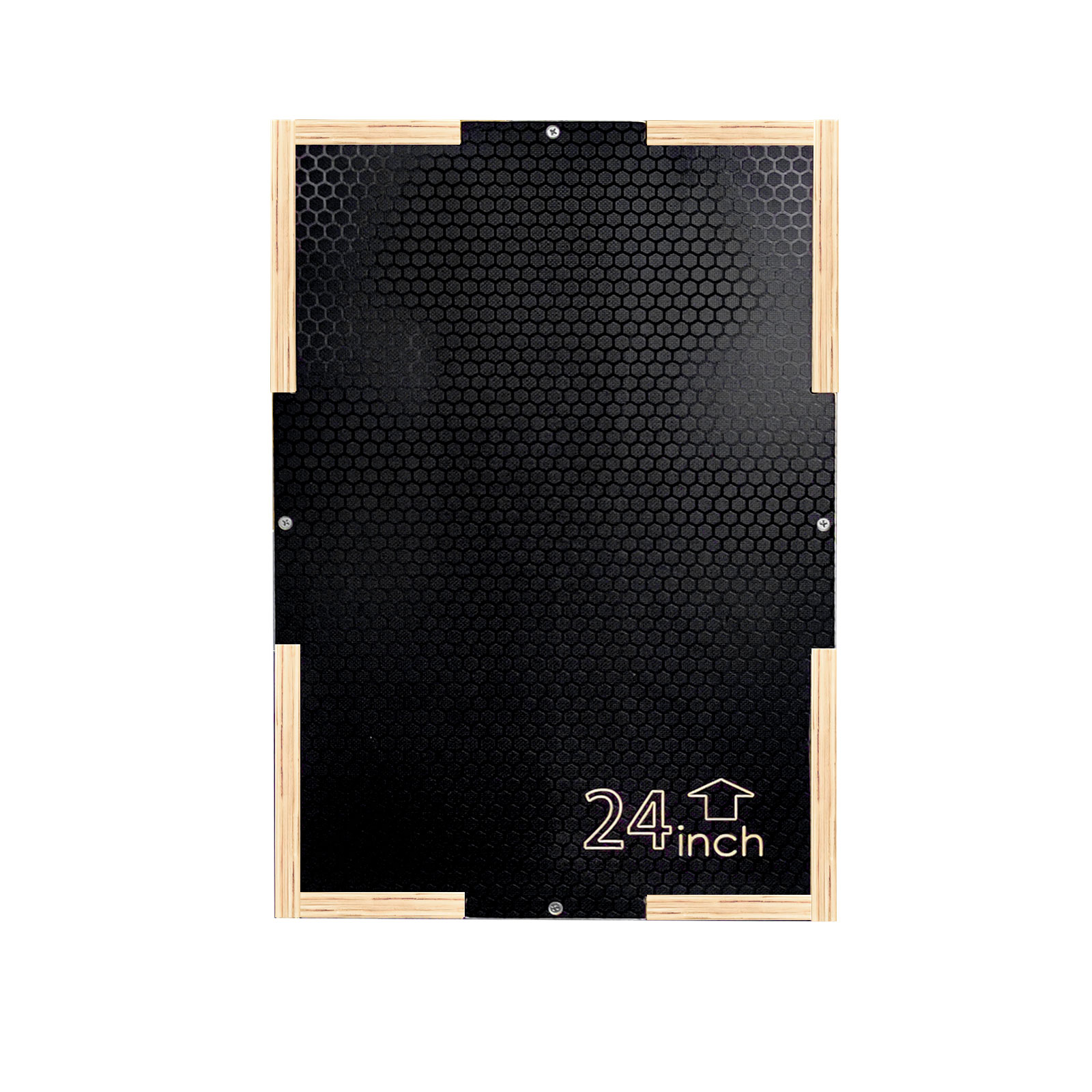 Rettangolo nero con motivo a nido d'ape, cornice in legno. Scritta "24inch" in basso.